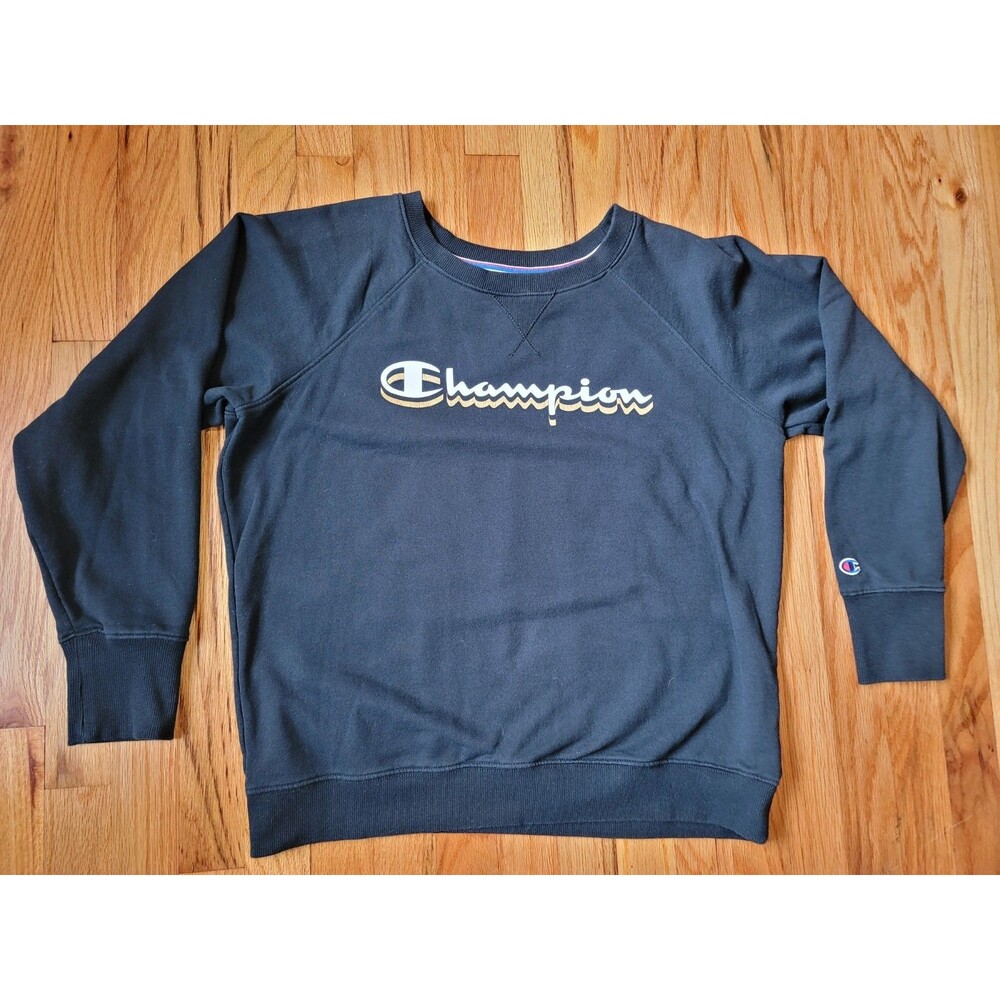 Champion Black Gold Script Logo Pullover Crewneck Sweatshirt Large